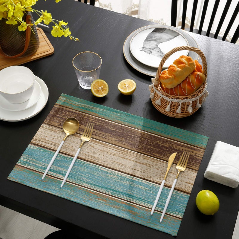 Vandarllin Placemats Set of 6, Retro Rustic Wood Texture Polyester Stain Resistant Table Mats Washable Placemat Decoration for Kitchen Dining Table Teal Green Brown - Image 4